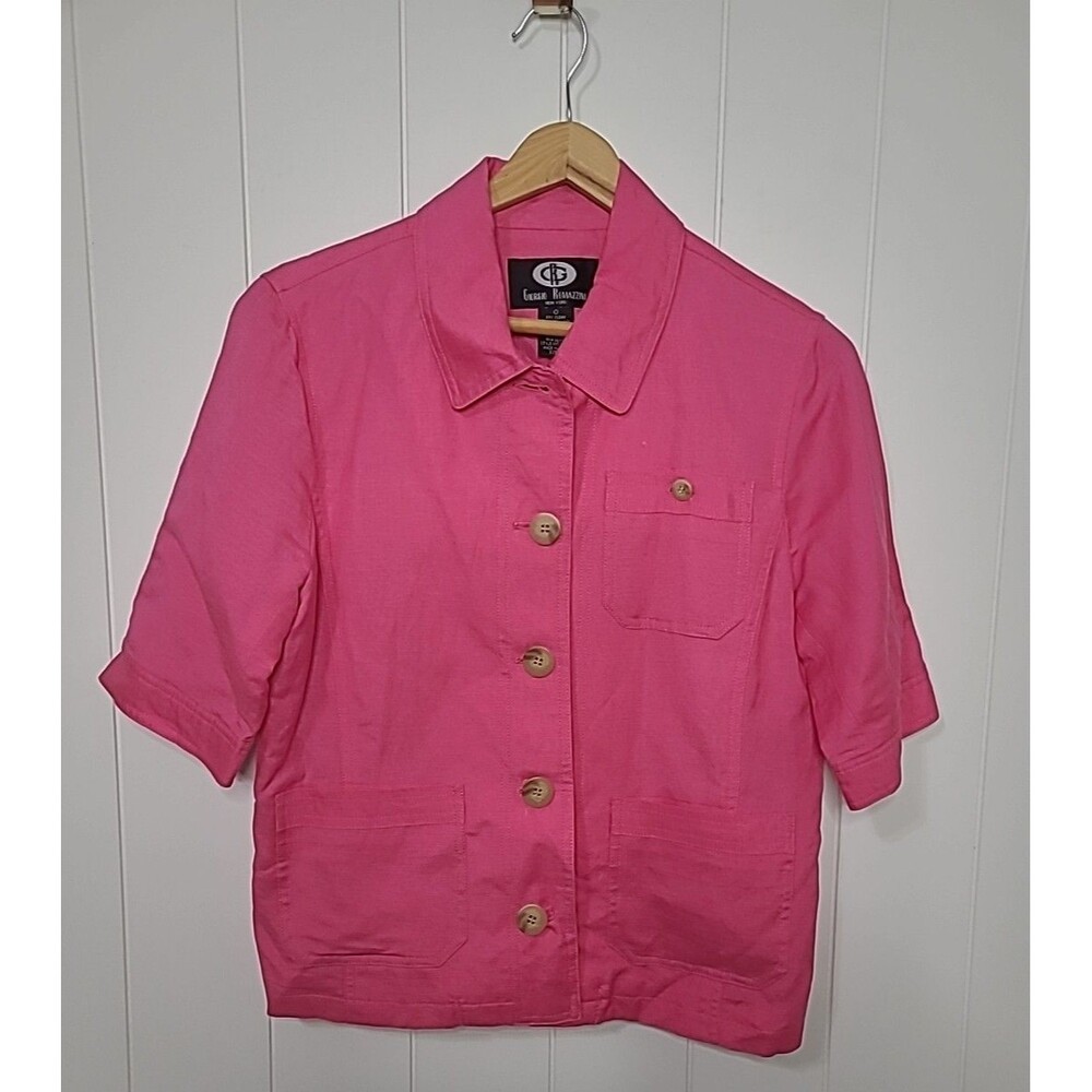 Vintage Womens Linen Blend Jacket Top Sz 8 Pink Summer Pockets Minimalist Office